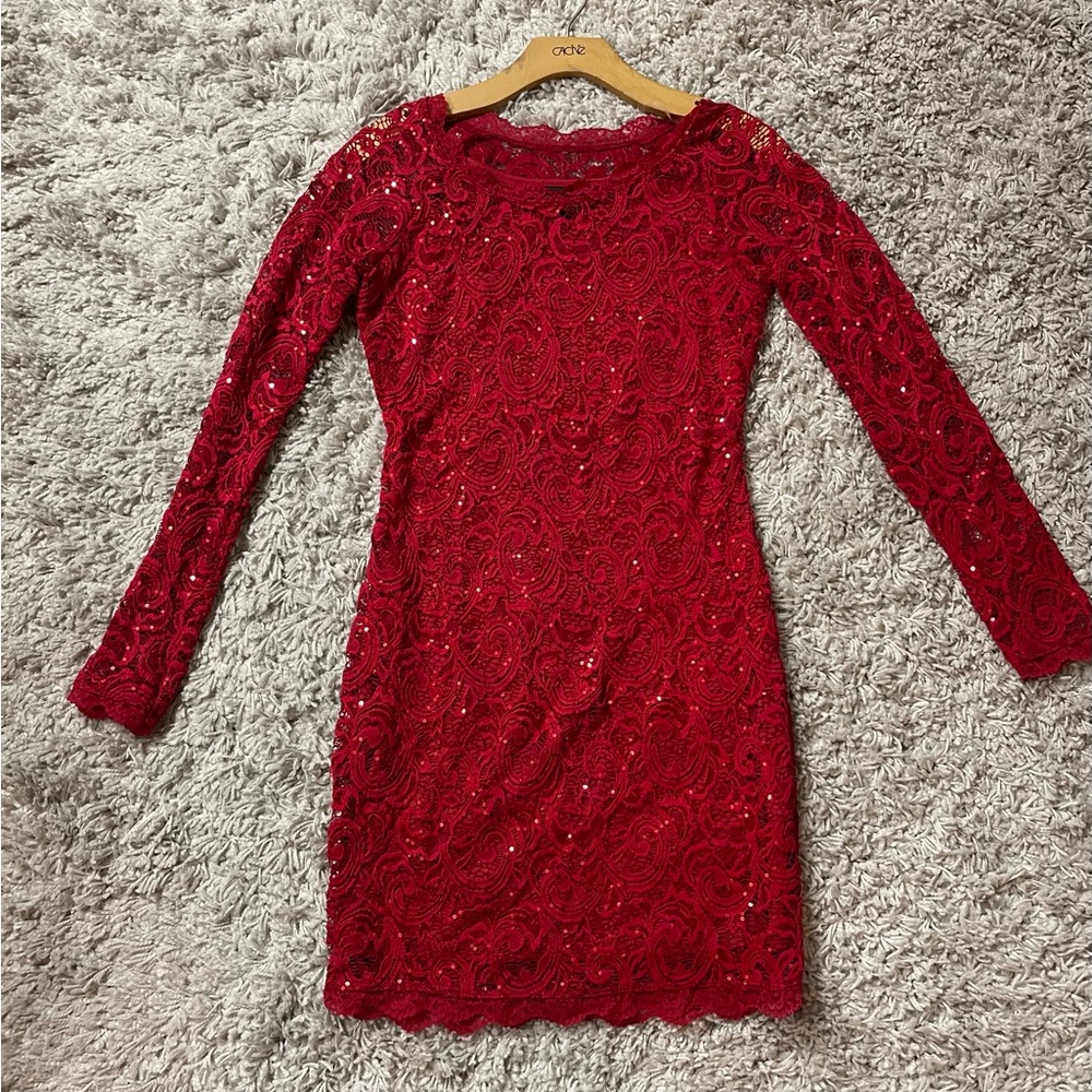 Sparkly Red Lace Dress with Long Sleeves